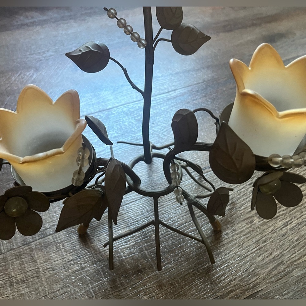 PartyLite Floral Candle Holder with Cream and Brown Accents - Picture 7 of 15
